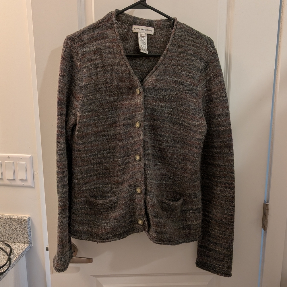 Chunky Green/Brown/White Button Up V-Neck Cardigan Sweater